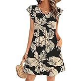 OFEEFAN Summer Dresses for Women Beach Vacation Clothes V Neck Ruffle Sleeve Babydoll Dress Elegant Classy Sundress