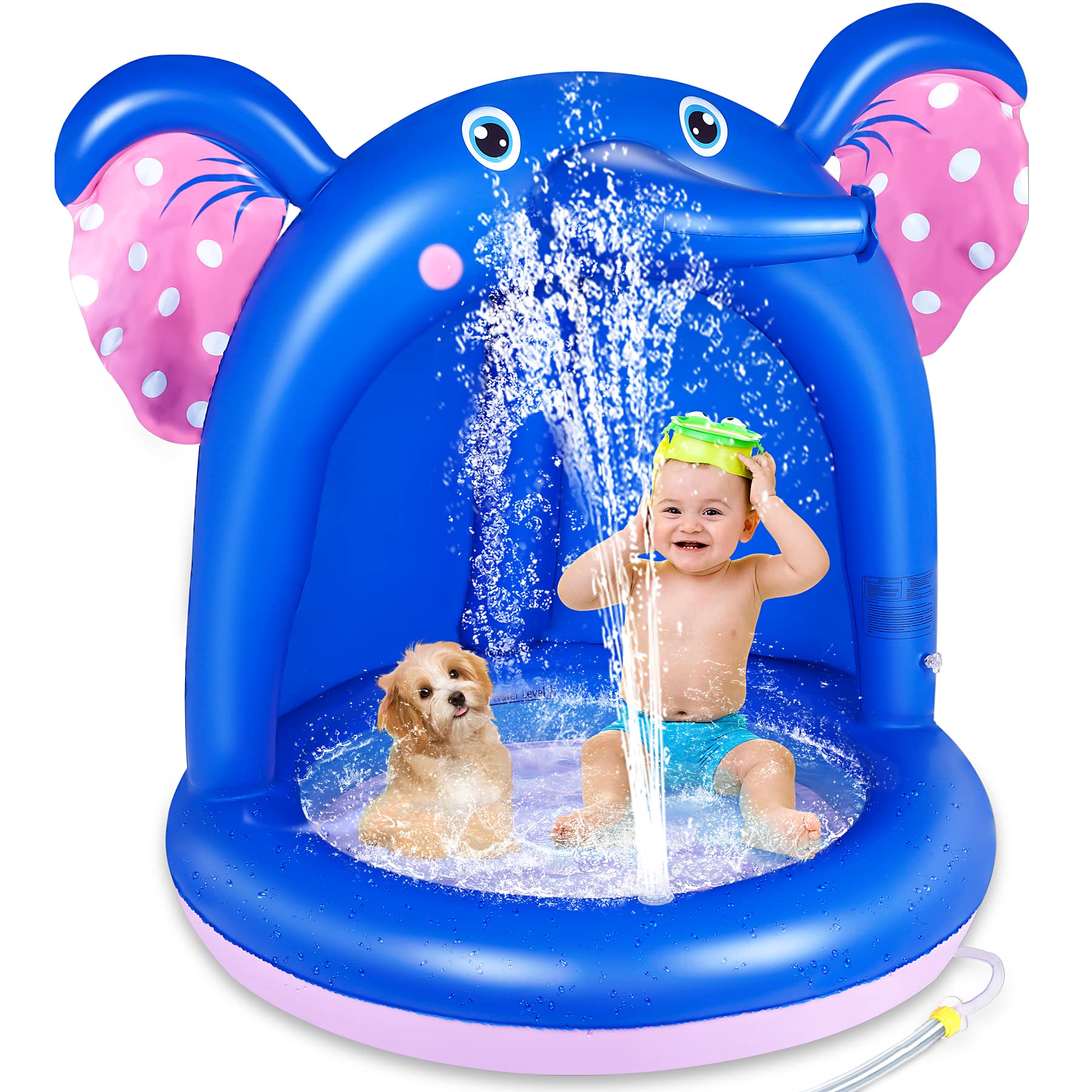 lenbest Shade Baby Pool, Inflatable Padding Pool with PVC Canopy & Extra Sofe Bubble Base, Sprinkle Splash Pool Spray Water Fun Summer Garden Pool Outdoor Indoor for Kids (Elephant)