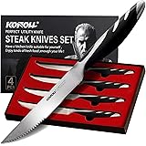 KONOLL Steak Knives Set of 4 Steaks Knife Serrated Blade German High Carbon Steel Full Tang Handle (Half serrated)