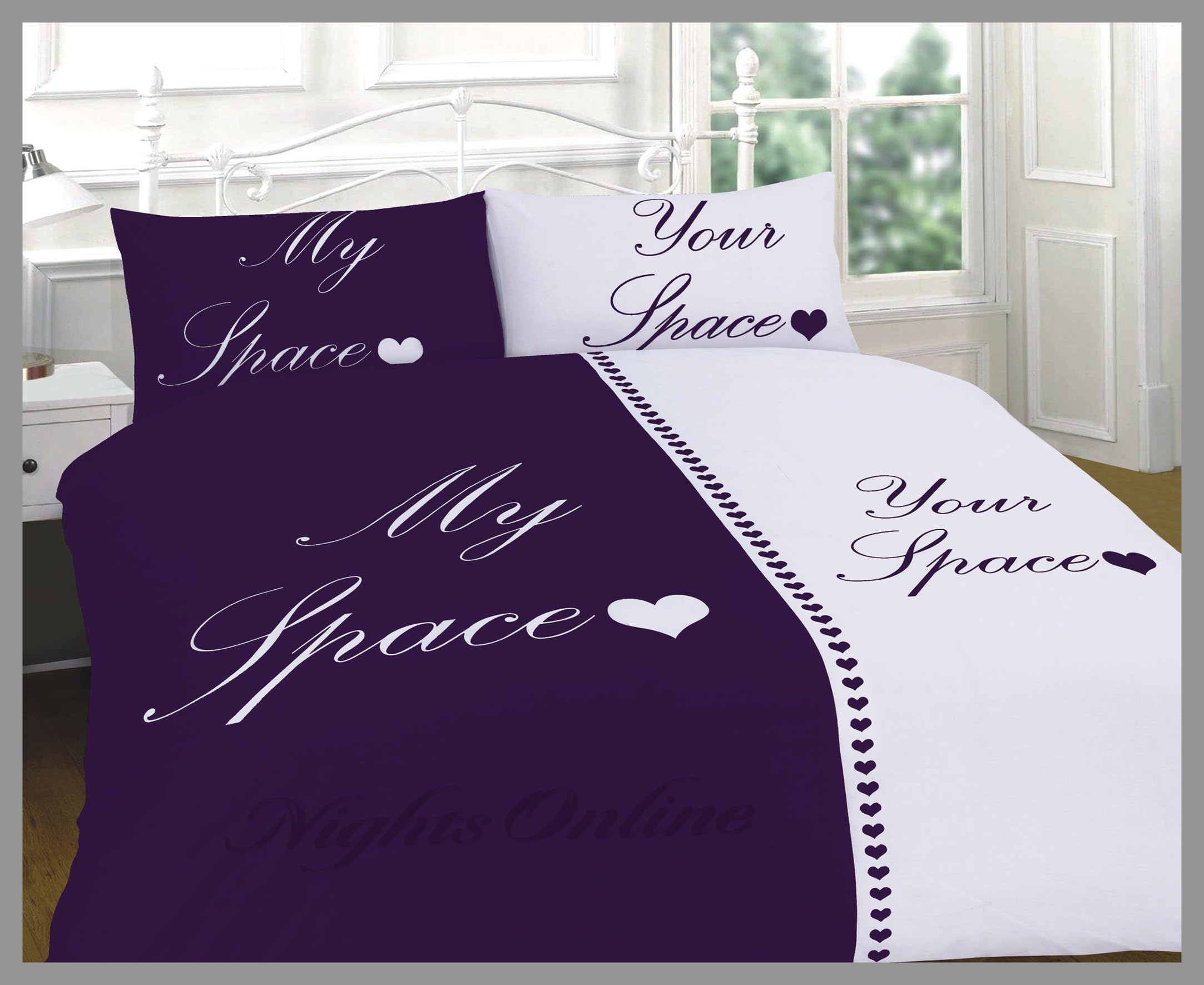 My Space Your Space Duvet Cover & Pillowcases Bedding Set, All Sizes & Colours (King, Plum)