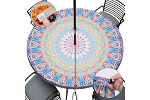 opstellen Round Tablecloth with Umbrella Hole and Zipper Waterproof Fitted Patio Table Cloth Outdoor Tables Cover Cloths Elastic Tablecloths for Camper Picnic Camping Outdoors Outside 40"-44" Boho