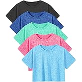 Xelky 5 Pack Womens Athletic Crop Tshirt Short Sleeve Cropped Dry Fit Workout Shirts Loose Crew Neck Yoga Gym Tee Tops