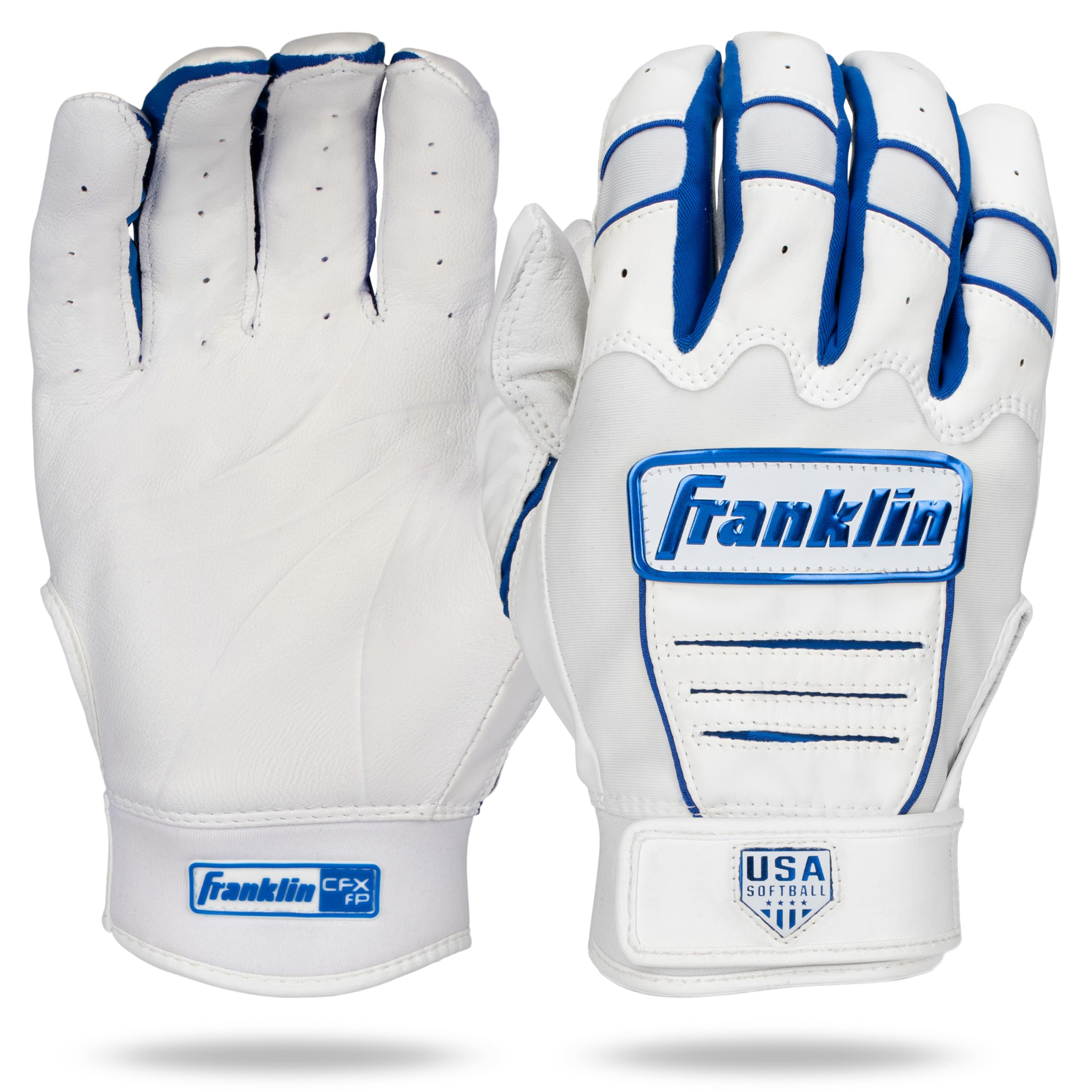 Franklin Sports USA Softball Women’s Softball Batting Gloves – CFX Pro Fastpitch + Slowpitch Girls Batting Gloves – Adult + Youth Pairs – White + Royal Blue – Adult Extra Large