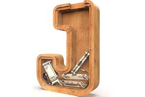 SULEVALT Piggy Bank for Kids Boys Girls, Large Personalized Wooden Letter Piggy Bank with Cut-Out Design, Alphabet Letter Coin Banks, Money Savings Box, Wooden Bank for Kids Creative Gift for Real-Money(J)