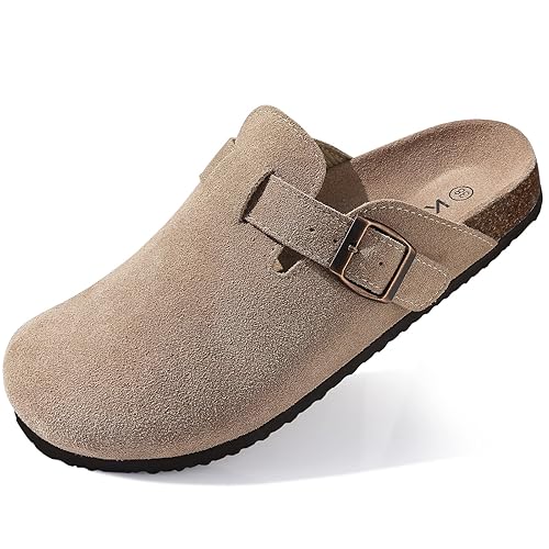 KIDMI Genuine Suede Clogs for Women Cork Footbed Sandals Leather Mules Potato Shoes with Arch Support Taupe 40 (Size 8.5)