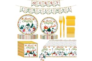 CL FUN Christmas Party Supplies, 86Pcs Christmas Dinnerware Set Disposable Include Merry Christmas Banner, Tablecloth, Cutlery, Paper Plates and Napkins, Christmas Tableware Set Party Decorations (16 Guests)