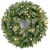 24 Inch Artificial Pre-Lit Christmas Wreath Spruce, 50 LED Warm White & Multi-Color Lights with Timer, Battery Operated, Holiday Decoration for Front Door, Outdoor