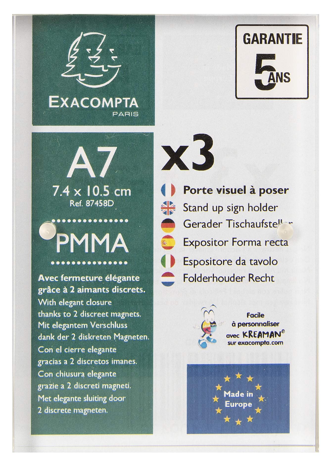 Exacompta - Ref 87458D - Sign Holder with Magnetic Closure - Suitable for A7 Paper, Made from PMMA (Acrylic) Material, Visible Both Sides - Clear Transparent (Pack of 3)
