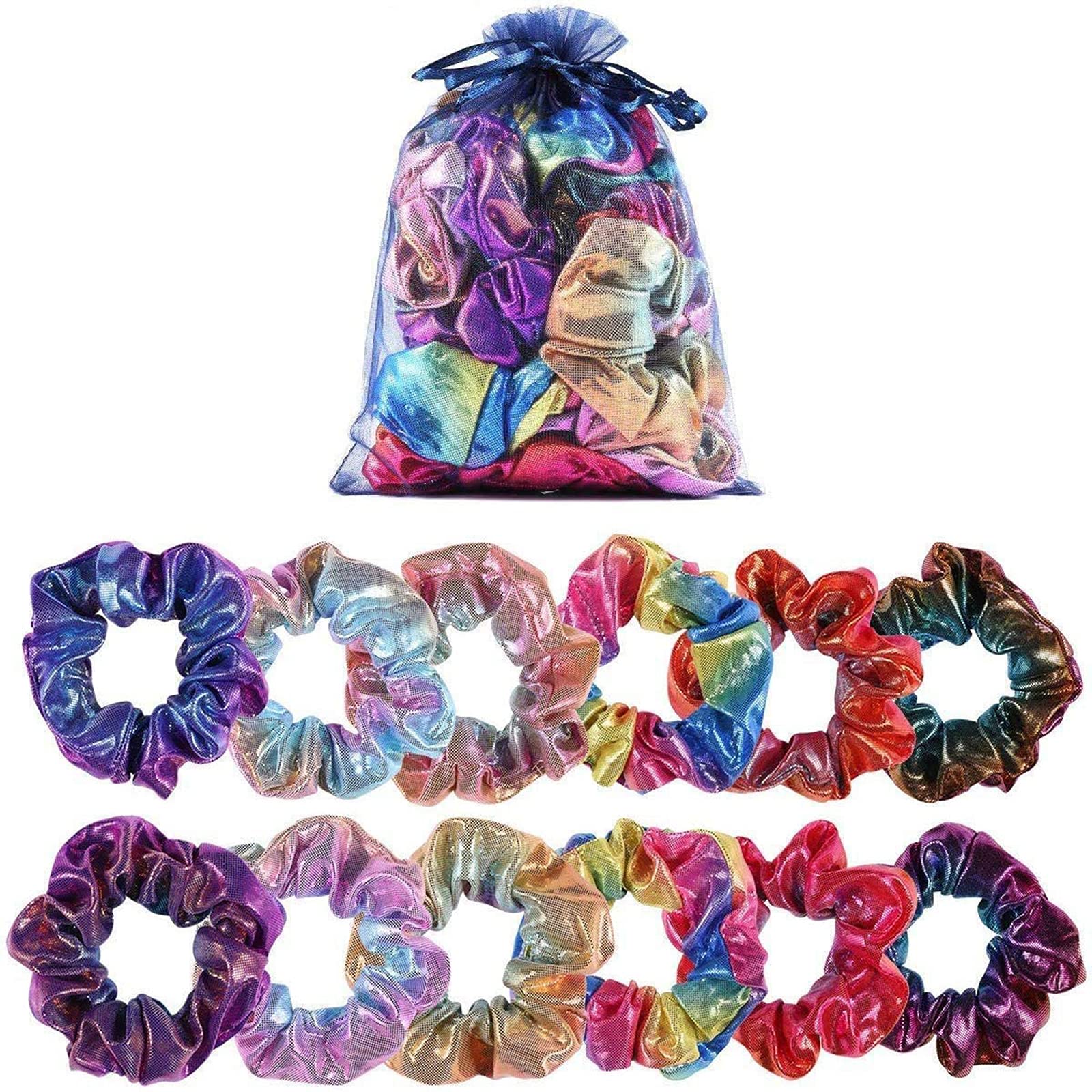 Shiny Metallic Scrunchies for Girls, 12 Pieces Hair scrunchies for Women Elastics Ponytail Holder Hair bands Teenage Girls Hair Accessories Gift