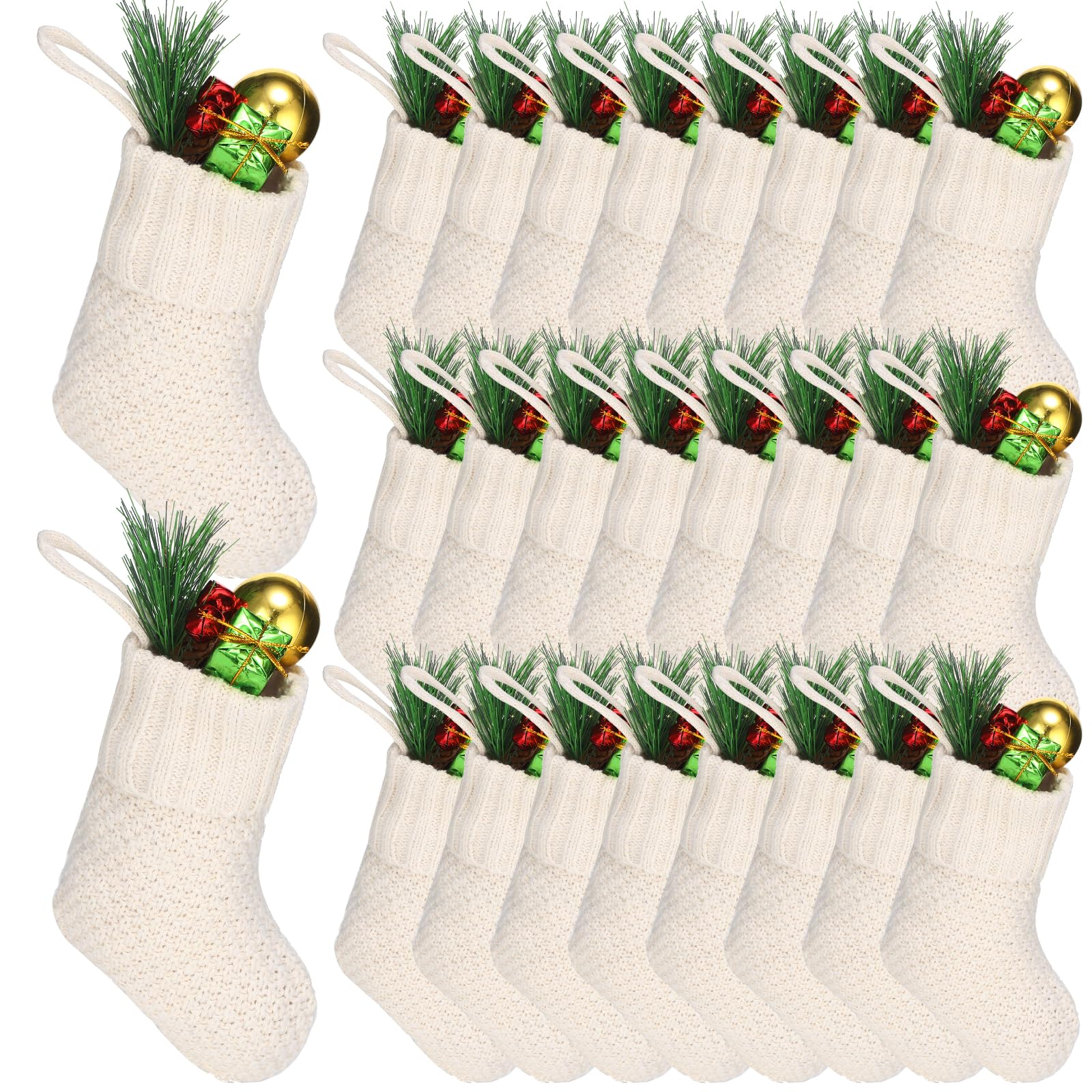 Photo 1 of Zubebe 24 Pcs 7 Inch Christmas Mini Stockings Knit Christmas Rustic Cable Stocking Small Farmhouse Fireplace Hanging Ornament for Tree Xmas Holiday Family Party Decor(Ivory)
