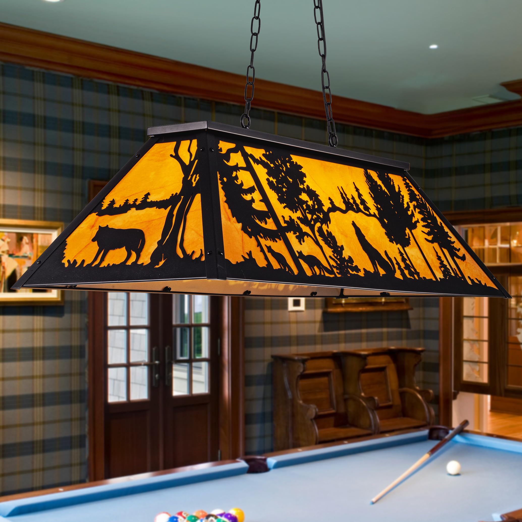 Photo 1 of TOCHIC Tiffany Billiard Pool Table Lights, 4 Lights Rustic Pool Table Light Hanging Over 7' 8' 9' Table, 48 Inch Western Farmhouse Billiard Chandelier Lighting for Snooker Game Room Man Cave Cabin