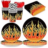 168PCS Flame Racing Party Supplies for Kids Boys Fire Plates and Napkins for Birthday Party Decorations Motorcycle Themed Baby Shower Paper Plates Tableware 24 Guests