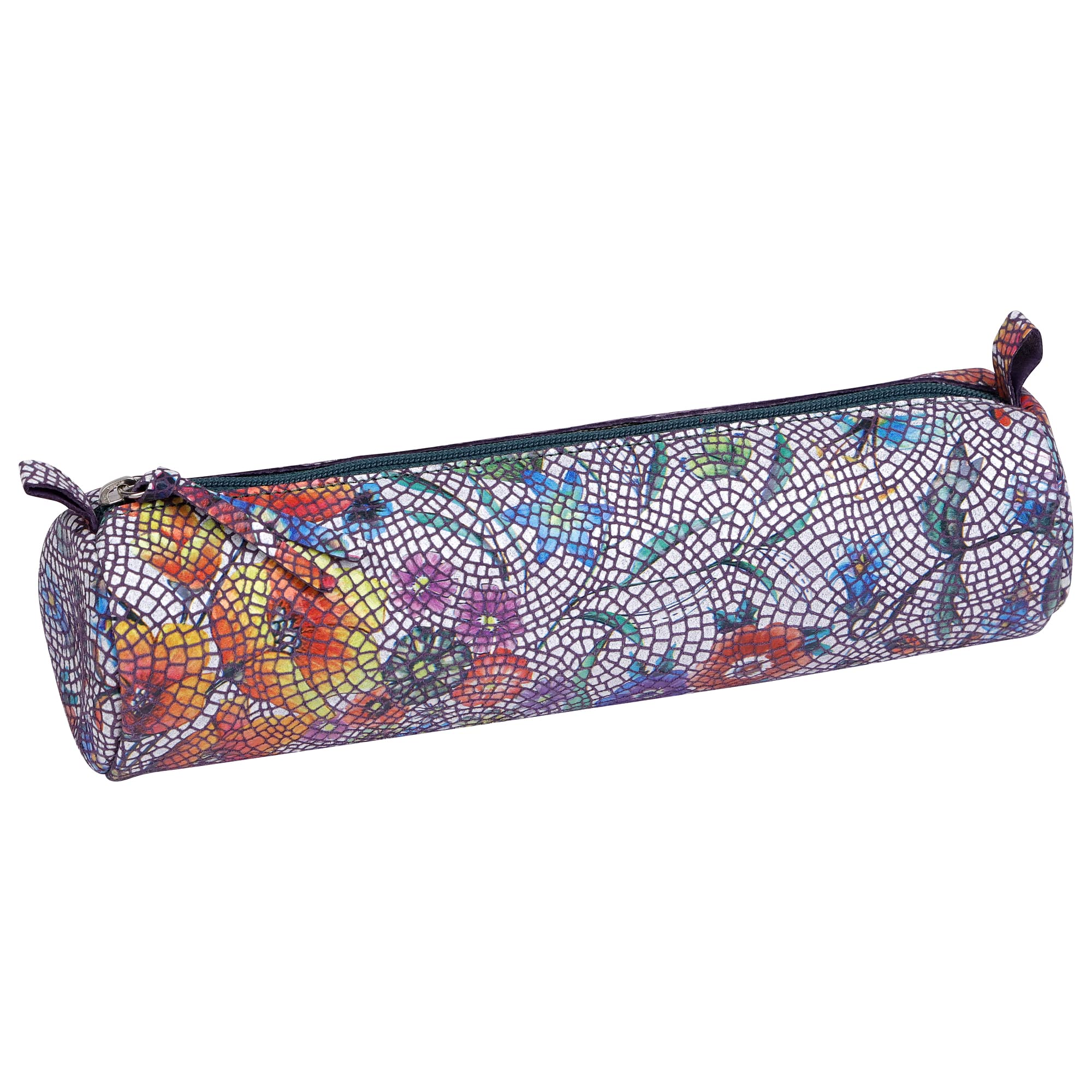 Clairefontaine - Ref 410107C - Céleste' Leather Round Pencil Case - 22cm x 5.5cm, Made From Genuine Lambskin Leather, Metal Zip With Leather Puller - Multicoloured Flowers