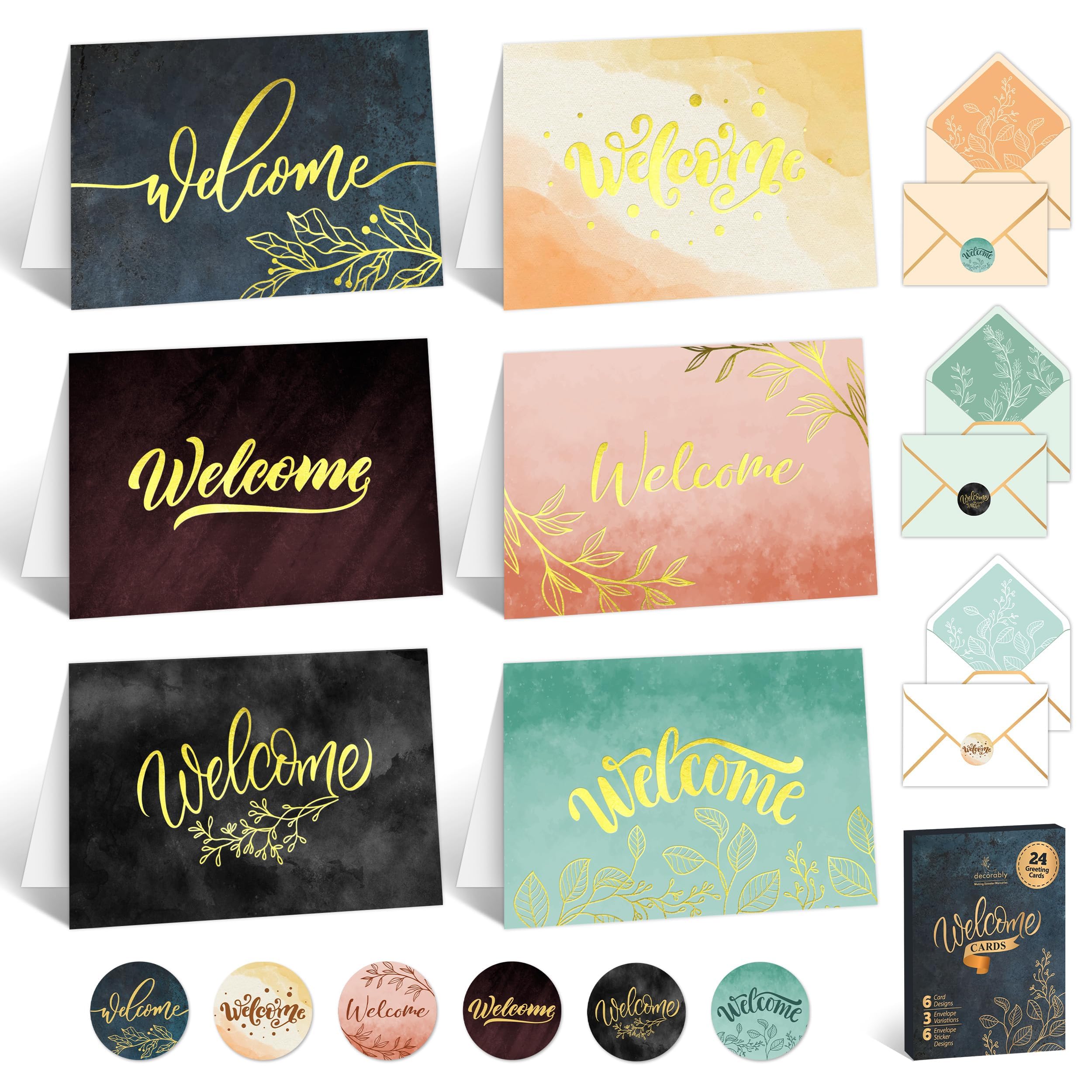 Decorably 24 Pack Gold-Foiled 6x4in Welcome Cards for Guests with Envelopes and Stickers, 6 Elegant Designs Welcome Card, Blank Inside