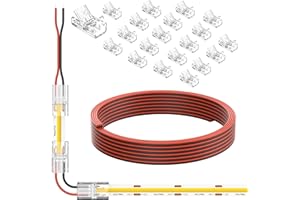 PAUTIX COB LED Connectors for 8mm 2-Pin COB LED Strip Lights,20pcs Strip to Wire Connectors,10ft(305cm) Long 22AWG Extension Wires for Non-Wired Gapless Solderless,5V 12V 24V 2835 LED Strip Lights