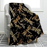 Jekeno Dragonfly Blanket Gifts for Women Kids Mom Home Bedroom Living Room Birthday Mothers' Day Decor Soft Cozy Lightweight Throw Blankets Golden Black 50"x60"