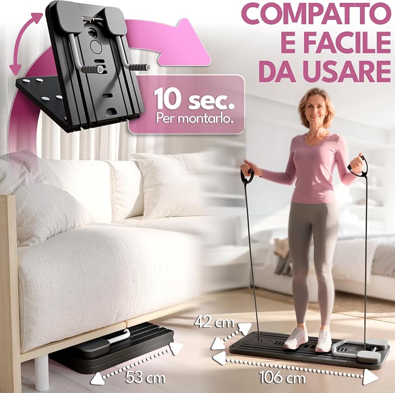 Pilates Reformer Pieghevole per Casa con Accessori + Guida 10 Esercizi | Mini Reformer Pilates | Tavola Board Multifunzionale | Attrezzi Fitness Casa | Kit Completo Home Gym