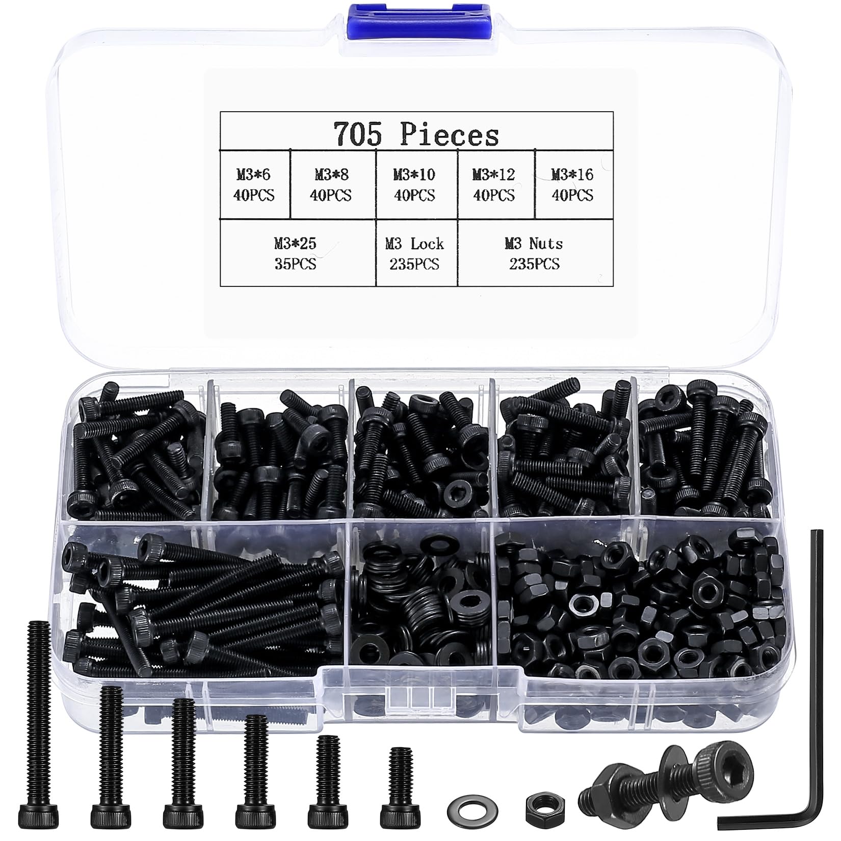 705 Pcs M3 Bolts and Nuts Set, Hex Socket Head Cap Screws and Nuts Set, M3 Black Machine Screws Assortment, Hex Nuts and Bolts Set with Washers Kit for Home Bicycle Repair
