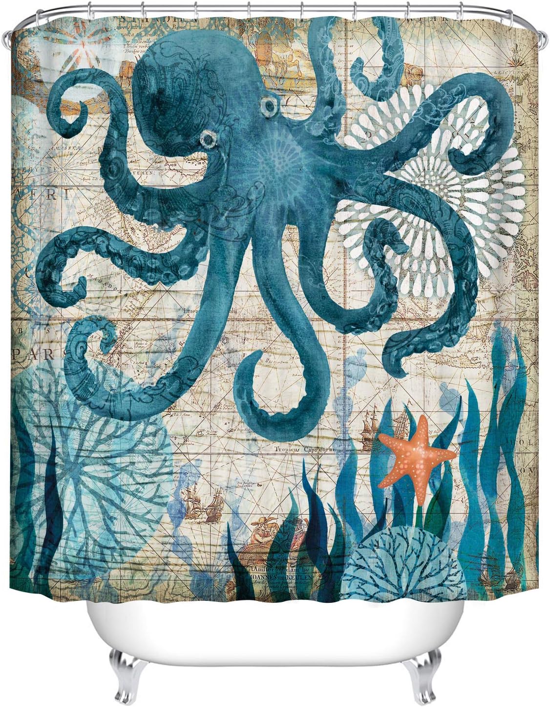 Waterproof Polyester Fabric Bathroom Shower Curtain, Qile Mildew-Resistant Anti-Bacterial 3D Digital Printing Pattern Shower Curtains with 12 Ring Hooks, 180 x180cm