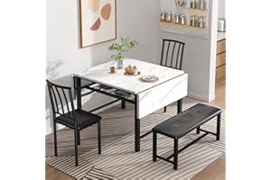 AWQM 4-piece Faux Marble Drop Leaf Dining Table with Storage Rack, Space Saving Breakfast Nook Table Set with 2 Backrest Chairs and 1 Upholstered Bench, Kitchen Dining Table and Chairs Set for 2-4