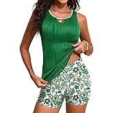 Aleumdr Womens Blouson Tankini Swimsuits Cutout Textured Two Piece Swimsuit with High Waisted Short Modest Bathing Suits