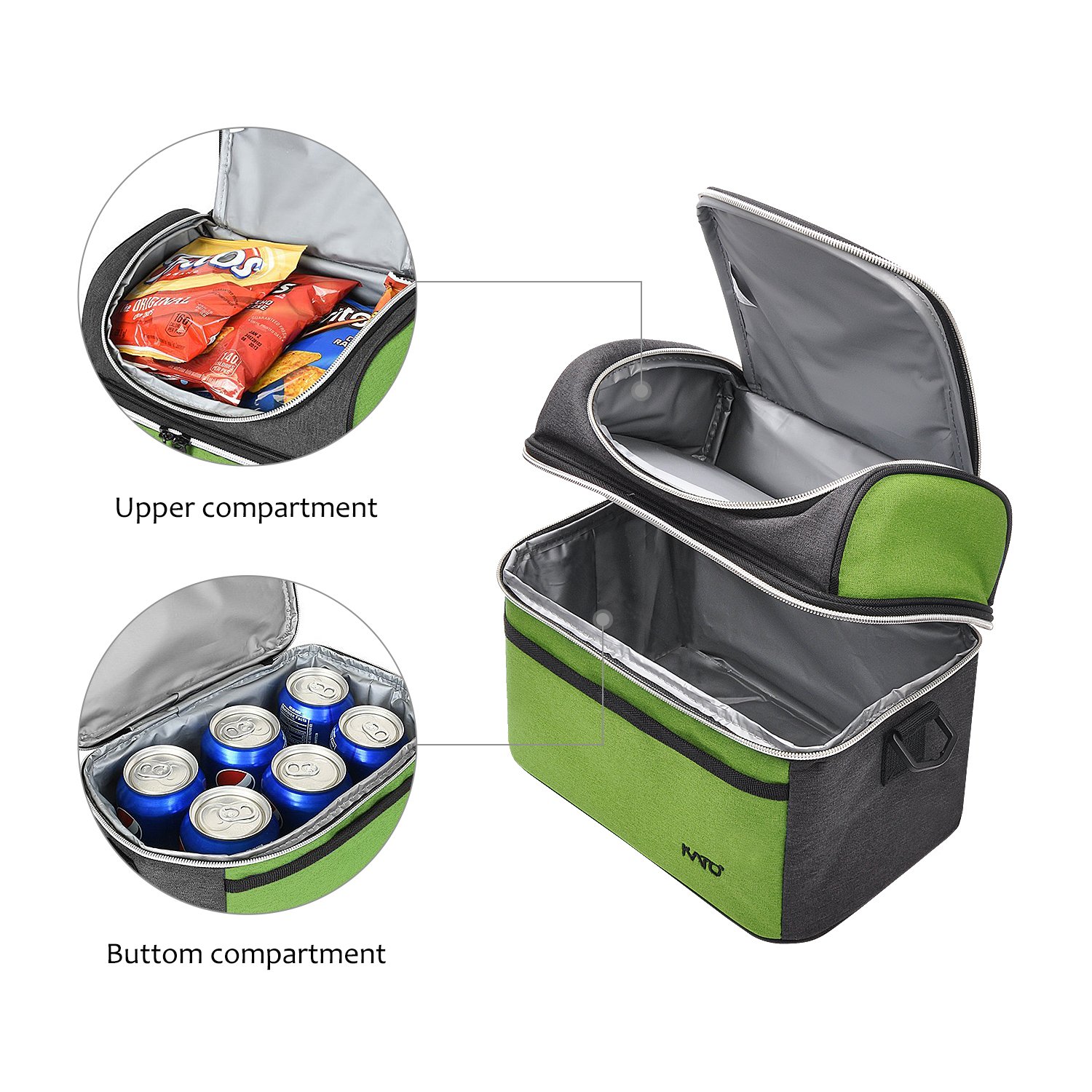 Kato Insulated Lunch Bag, Leakproof Thermal Bento Cooler Tote for Women and Men, Dual Compartment with Shoulder Strap and Front Pocket, Oxford Cloth, Green