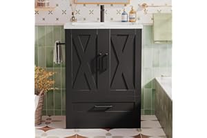 JUMMICO 24" Bathroom Vanity with Sink, Bathroom Storage Vanity Sink Cabinet with 2 Doors ＆ 1 Drawer Space, Farmhouse Wooden Free Standing Bathroom Cabinet with Sink Combo, Easy Assembly (Black)