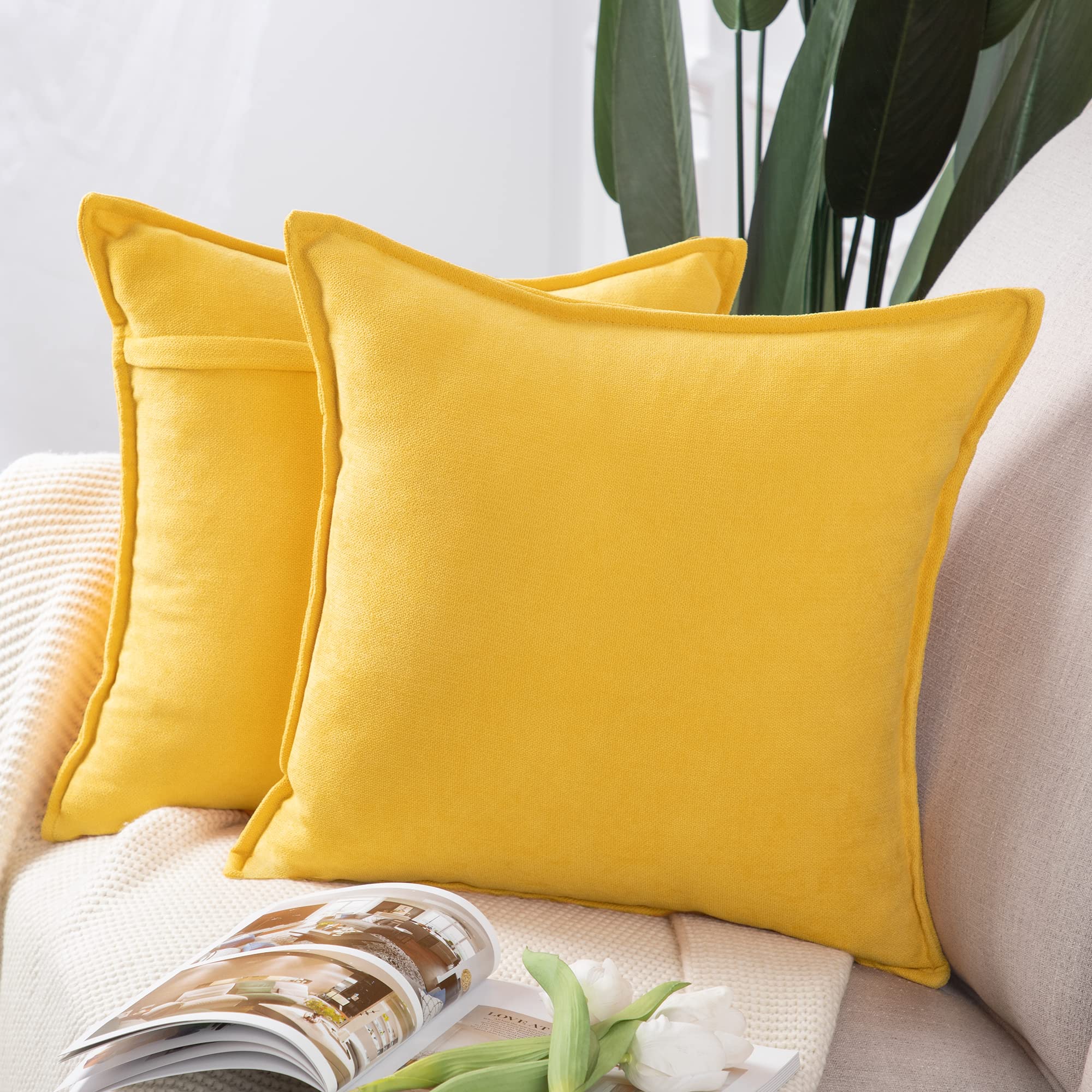 Madizz Set of 2 Short Chenille Throw Pillow Covers 22x22 Inch Yellow Soft Decorative Cushion Cover for Sofa Bedroom Pillow Shell