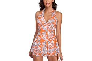 Omichic Womens Halter Tankini Swimsuits Two Piece Tummy Control Bathing Suits V Neck Swimdress with Boyshorts Swimwear