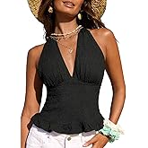 CUPSHE Women's Summer Sleeveless Top V Neck Halter Backless Ruched Sexy Crop Tops Casual Vacation Party Going Out Tops