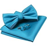 GUSLESON Mens Solid Color Double Fold Pre-tied Bow Tie and Pocket Square Cufflink Set with Gift Box