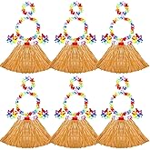 Coume 6 Sets Hawaiian Grass Hula Skirt with Flower Costume Luau Flower Bracelets Headband Necklace for Dance Party Decor(Delicate Style)