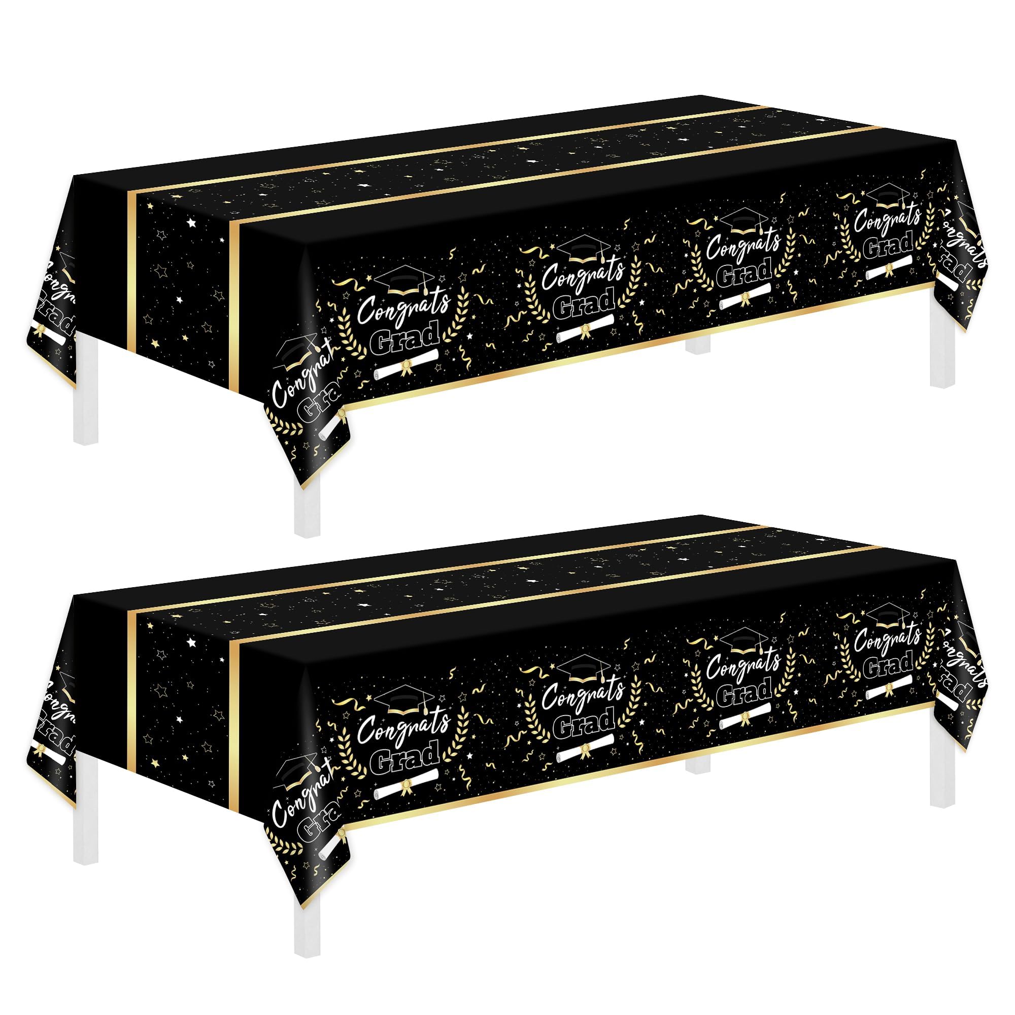 Photo 1 of 2 Pack Graduation Tablecloths,Graduation Party Decorations 2025,Black Gold Rectangle Table Decors 54"x108" Plastic Disposable Tablecloths,Graduation Table Cloths for Parties,Graduation Party Supplies
