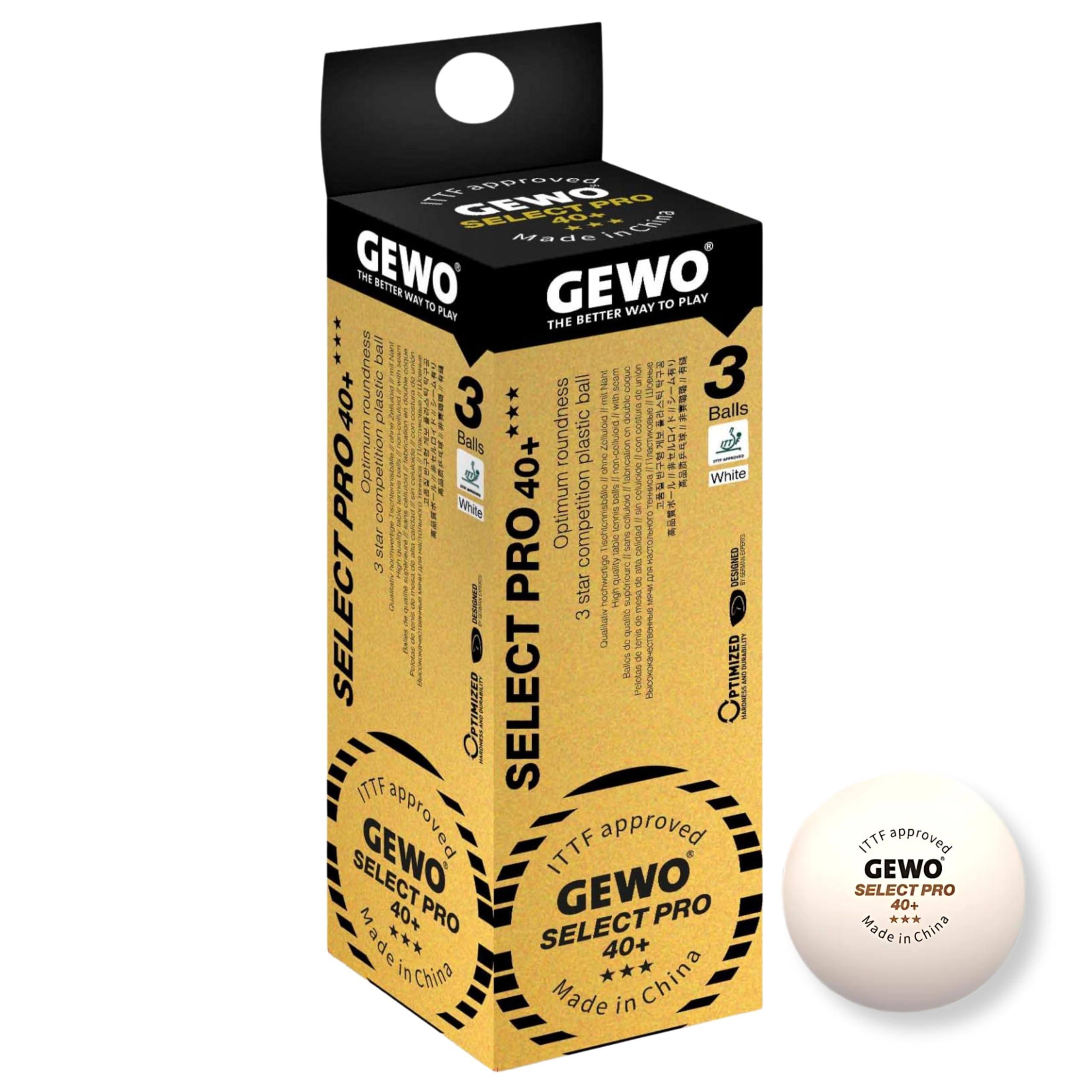 GEWO Select PRO Table Tennis Balls - 3 Star Table Tennis Ball Made of Plastic 40+ with Stitching - ITTF Certified Competition Balls - 3 Professional Table Tennis Balls, White, 40+ mm,