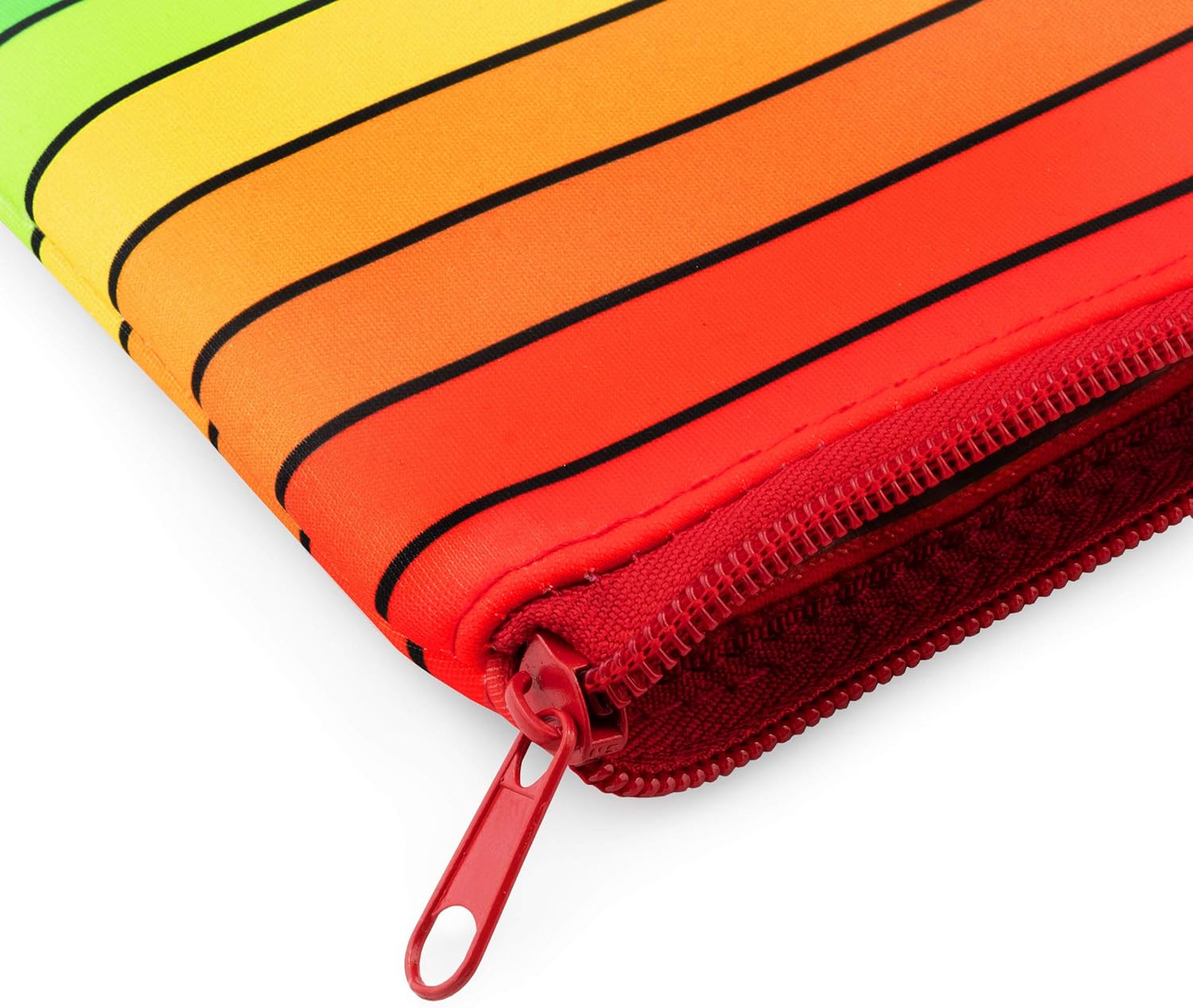 Fat Belly Fish - Single-Pocket Neoprene Pencil Case - Multi Stripe Rainbow Design - Red/Orange/Yellow/Green - Image 3