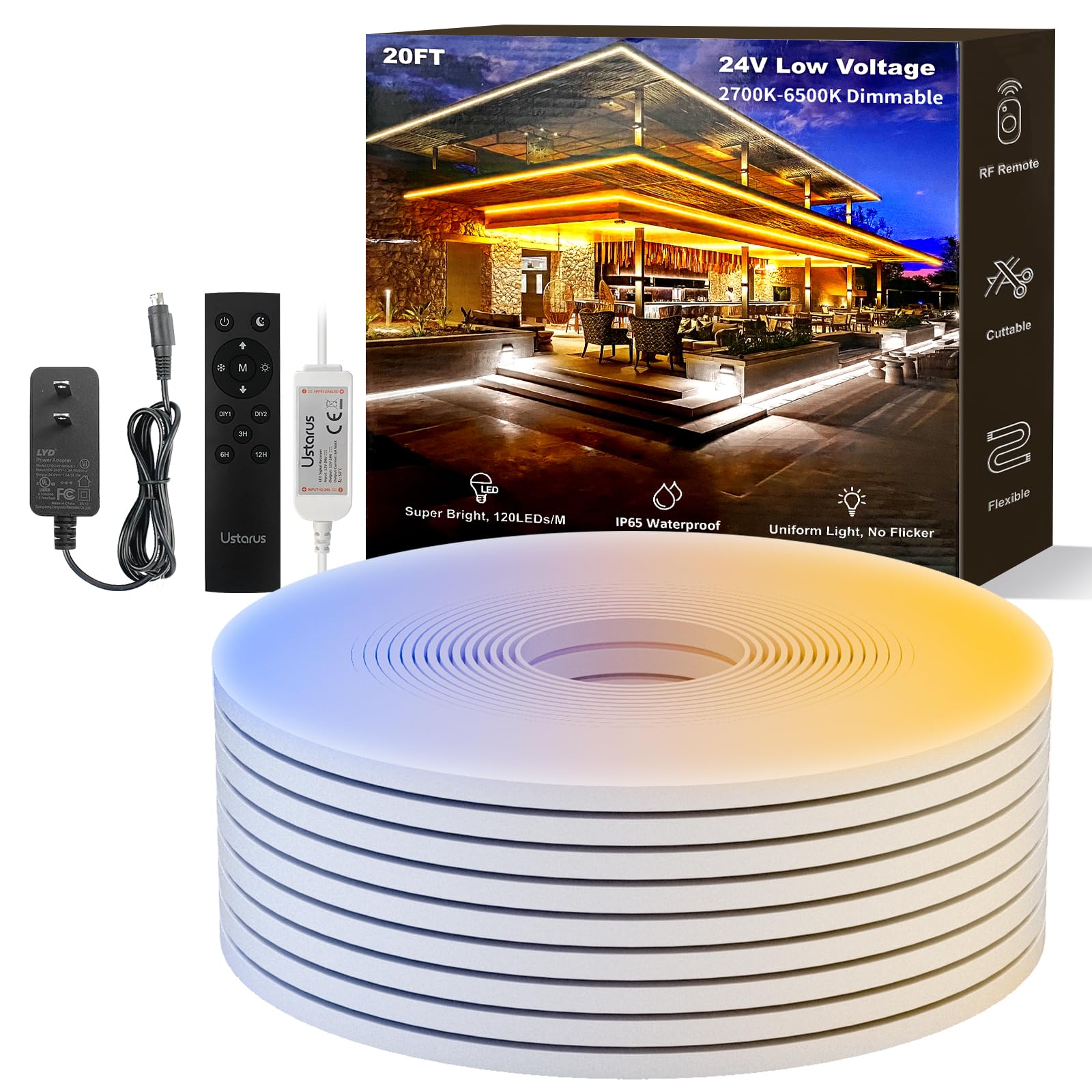 Ustarus 20FT Dimmable White LED Neon Strip Lights, Tunable 2700K–6500K ...
