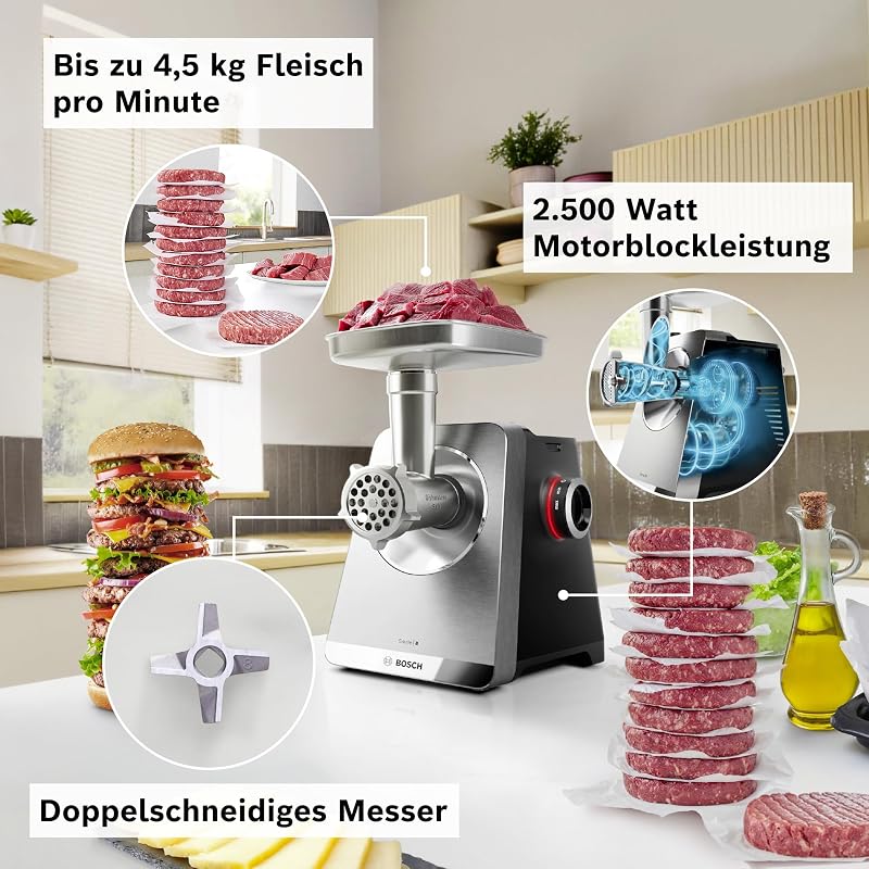 Fleischwolf Serie 8, 3 Lochscheiben (3/4,5 / 8mm), Edelstahl, spülmaschinenfest, Kebbe- & Wurst-Aufsatz, Durchlaufschnitzler, Motorblockleistung 2.500 W, elektrisch, MultiPower MFWS840M