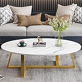 Wolawu Coffee Table White Faux Marble Coffee Table for Living Room,Oval Center Tables Modern Tea Table for Small Space,Wooden