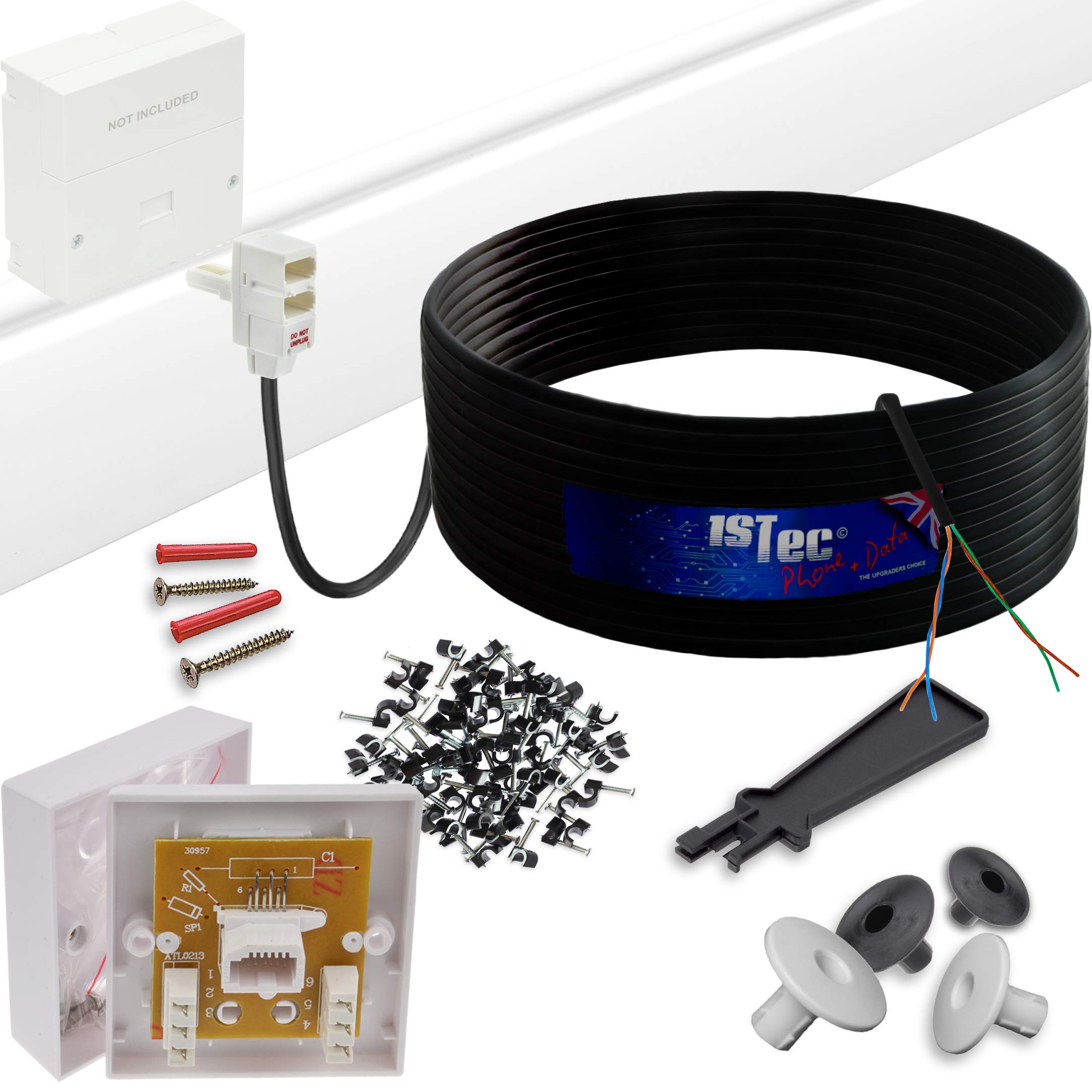 1STec 75m DIY BT Openreach Phone/ADSL Fibre Broadband Kit with Solid Core Twisted Pair Cable + Plug + 2/3a Surface Mount Wall Box + Grommets + Clips + Screws + Instructions (75 Metre, Black)