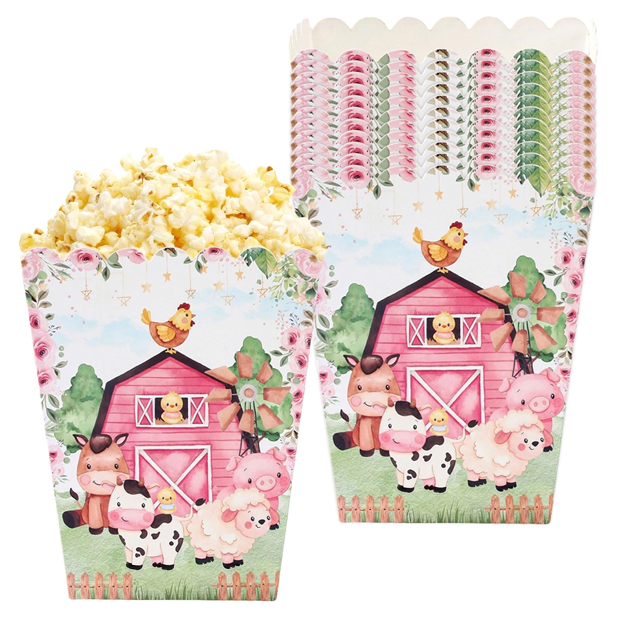 JeVenis 12 PCS Pink Farm Animals Popcorn Boxes Treat Bags Candy Goodie Bags for Barnyard Baby Shower Birthday Party Favors