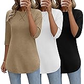 Riyiper 3 Pack Elbow Length Tee Shirts for Women 3/4 Sleeve Tunic Tops Round Neck Curved Hem Leggings Blouse