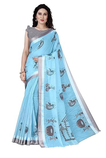 Womens Poly Cotton Tribal Warli Print Saree With Blouse Piece (19031-Peach-6.3 meters)
