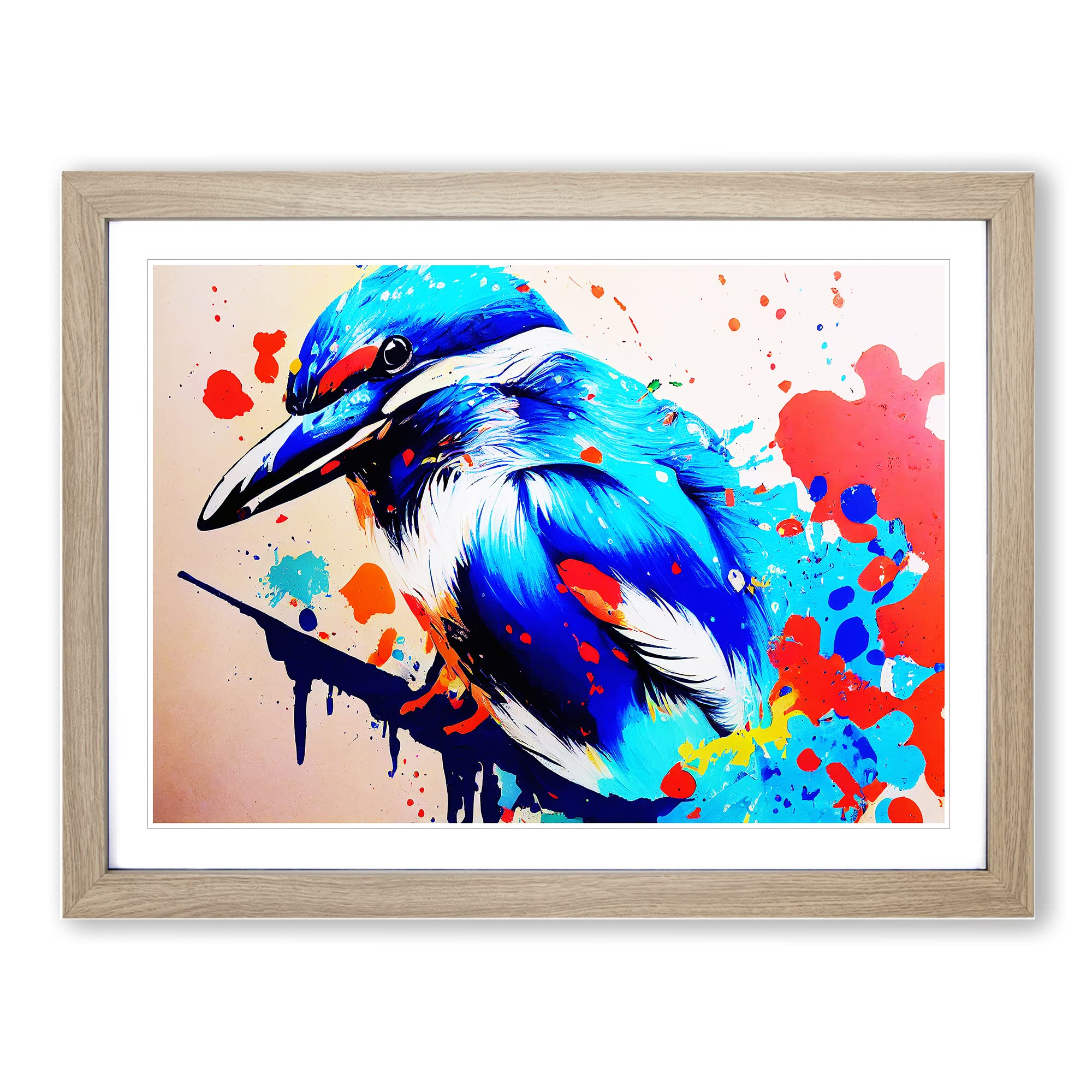 Kingfisher Bird Splashed Vol.3 Abstract Framed Print | A4 Oak Framed Wall Art | Ready to Hang | Abstract Fantasy Picture | Living Room Bedroom Lounge Office