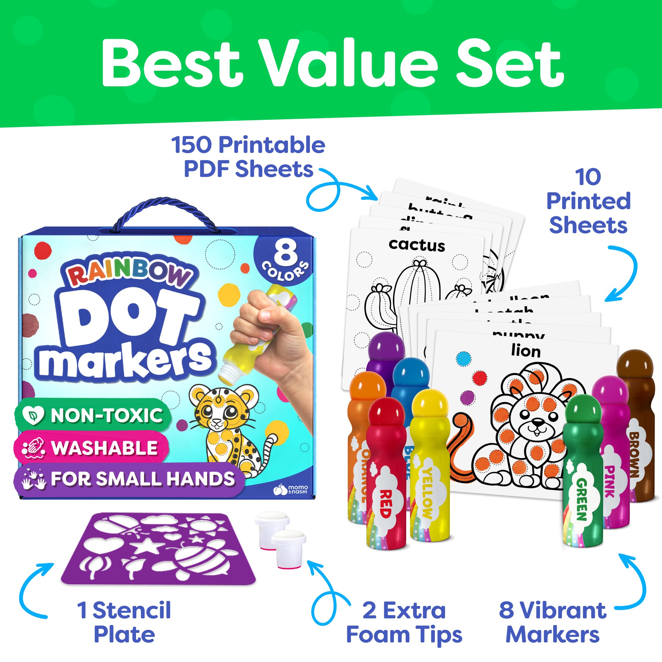 Dot Markers For Toddlers 1-3 - Dot Art Paints Washable For Kids - With Printed & PDF Coloring Sheets - Toddler Arts And Crafts for Kids Ages 2-4, 2 Year Olds, Toddler - Back To School Supplies