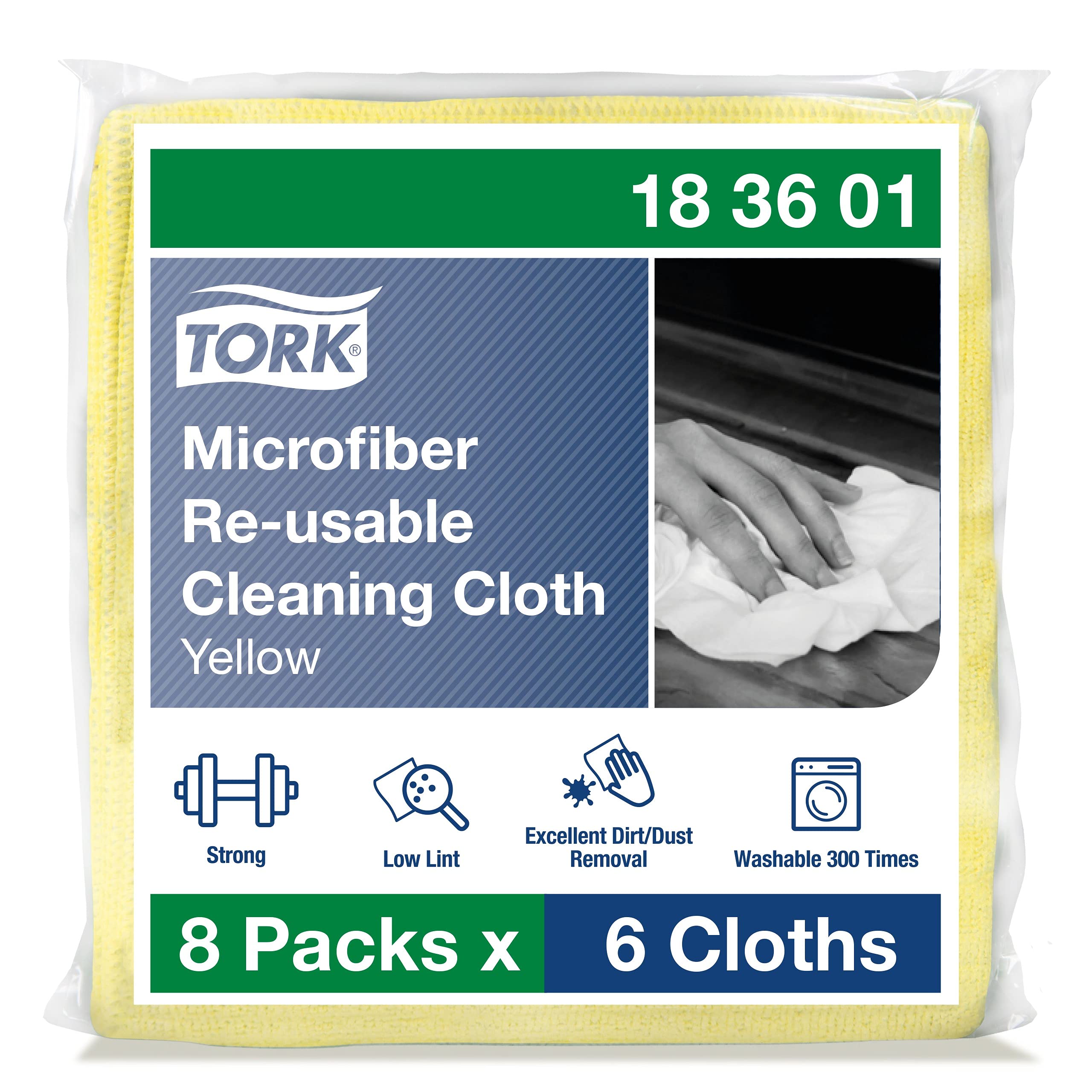 Tork Microfiber Reusable Cleaning Cloth Yellow, Dry and Wet Use, 8 x 6 cloths, 183601