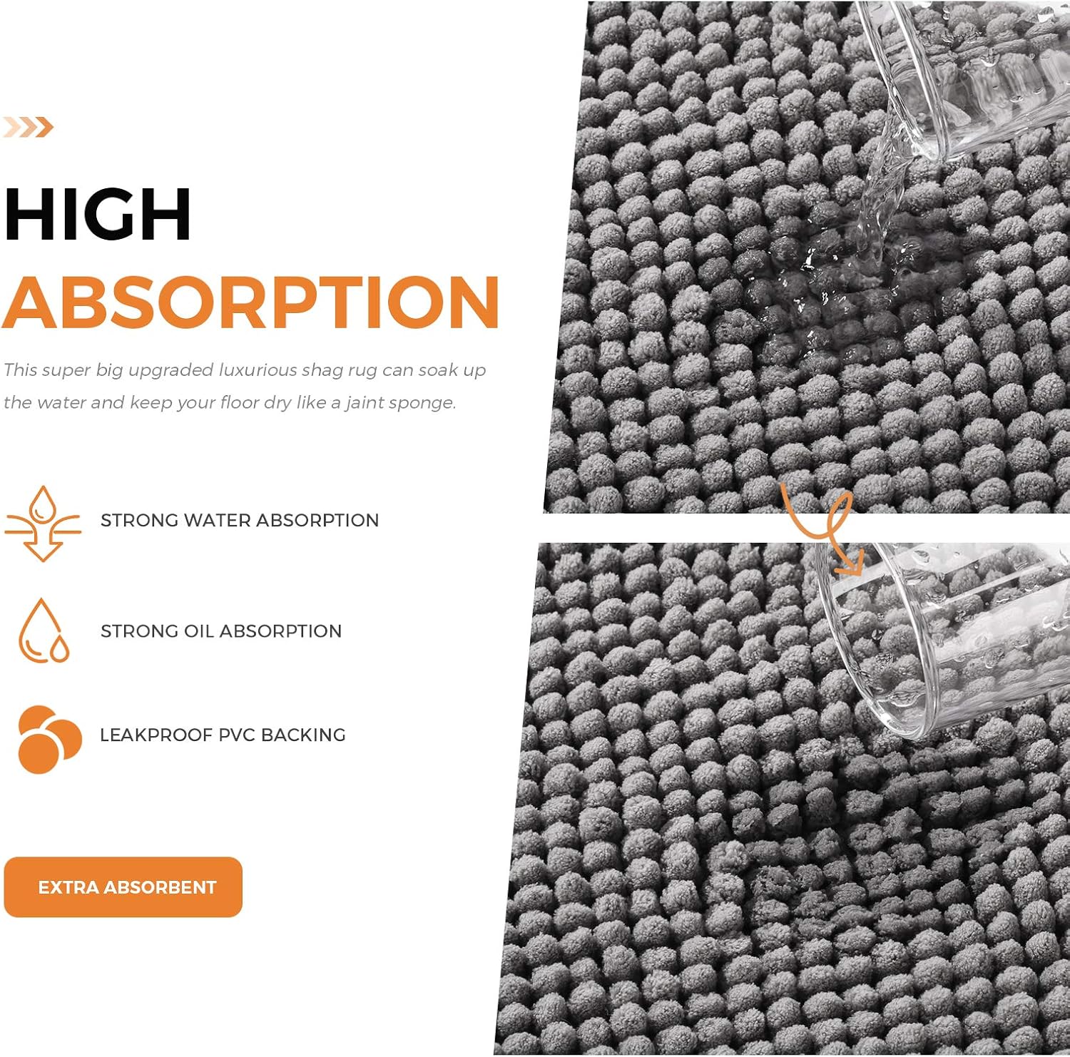 Delxo Kitchen Rug Sets, 2 Piece Non-Slip Soft Super Absorbent Kitchen Mat Doormat Carpet Set, Chenille Microfiber Material, 17"x48" +17"x24" (Grey): Kitchen & Dining