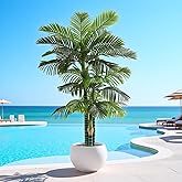 6FT Tall Triple Golden Cane Palm Tree (1 Pack), Large Faux Plants, UV Resistant Indoor/Outdoor Fake Plant in Heavy Cement Pot - Realistic Tropical Decor for Patio, Living Room, Office