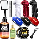 360 Wave Kit for Men Grooming Kit for 360 Waves - 3 Wave Brushes, Soft, Medium &amp; Hard - Satin Durag, Hand Mirror, Hair Comb, Hair Brush Cleaner, Wave Pomade &amp; Shampoo &amp; Rosemary Oil - Best Gift Set
