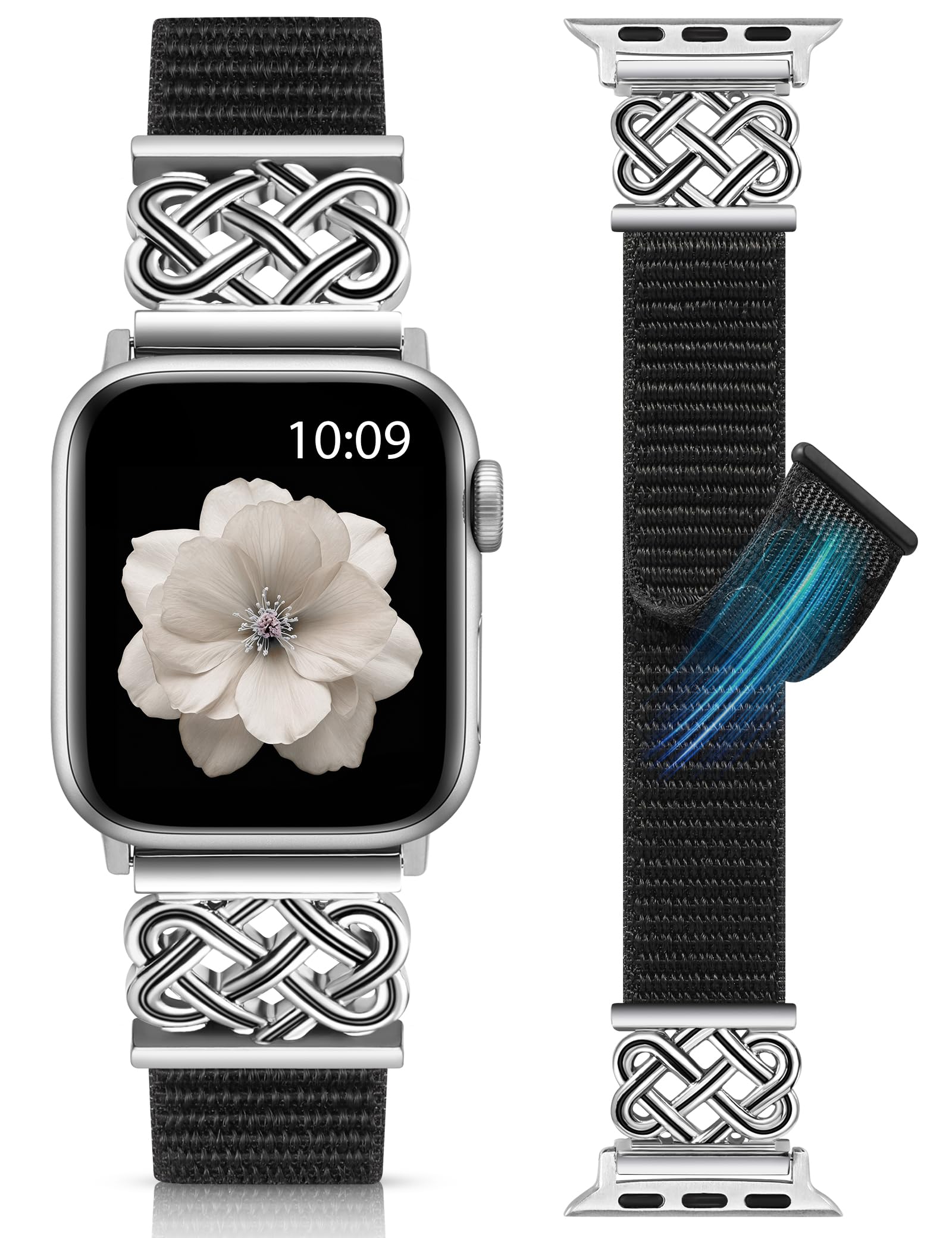 Minyee Nylon Loop Band Compatible with Apple Watch Bands 38/40/41/42mm Women Men, Celtic Knot Adjustable Breathable Braided Straps for iWatch Series 11 10 9 8 7 6 5 4 SE/Ultra 3 2 1, Black/Silver