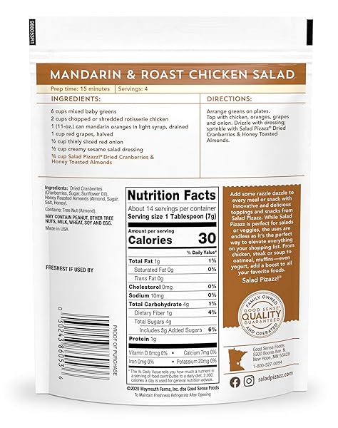 SALAD PIZAZZ! ALMOND TOPPINGS, HONEY ROASTED WITH CRANBERRIES – SNACK MIX AND SALAD TOPPING – 3.5 OUNCE (3.5 OZ) RESEALABLE BAG(PACKAGE MAY VARY)